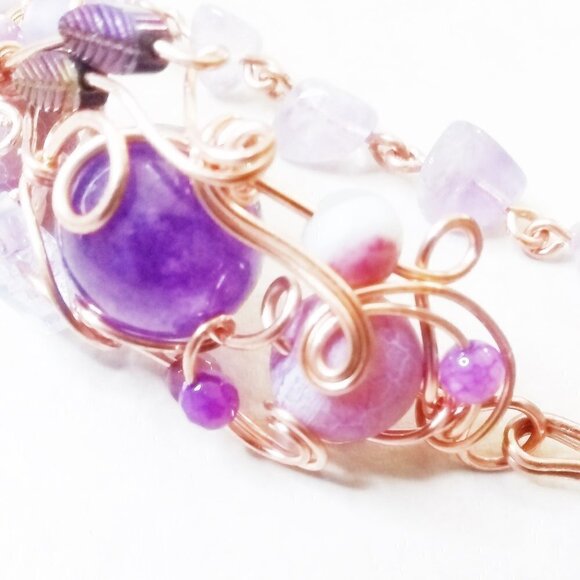Lilac & Purple Butterfly + Gemstone Bracelet! Amethyst + Agate + WireWrap Copper - Picture 7 of 14